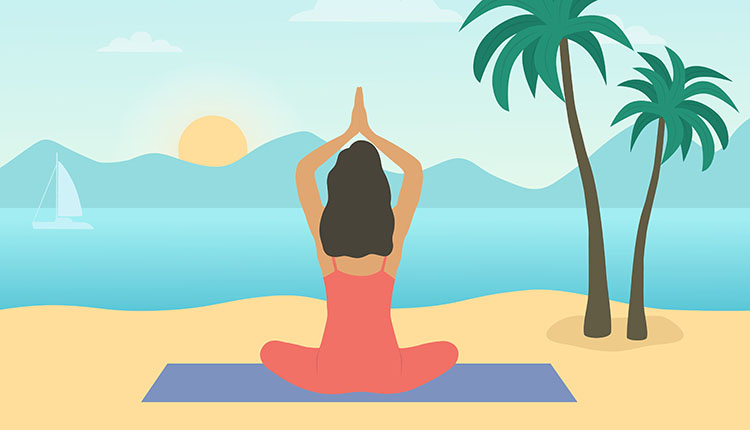 Illustration of Woman Doing Yoga on Beach. On Trend: Create a new vision for your security career.